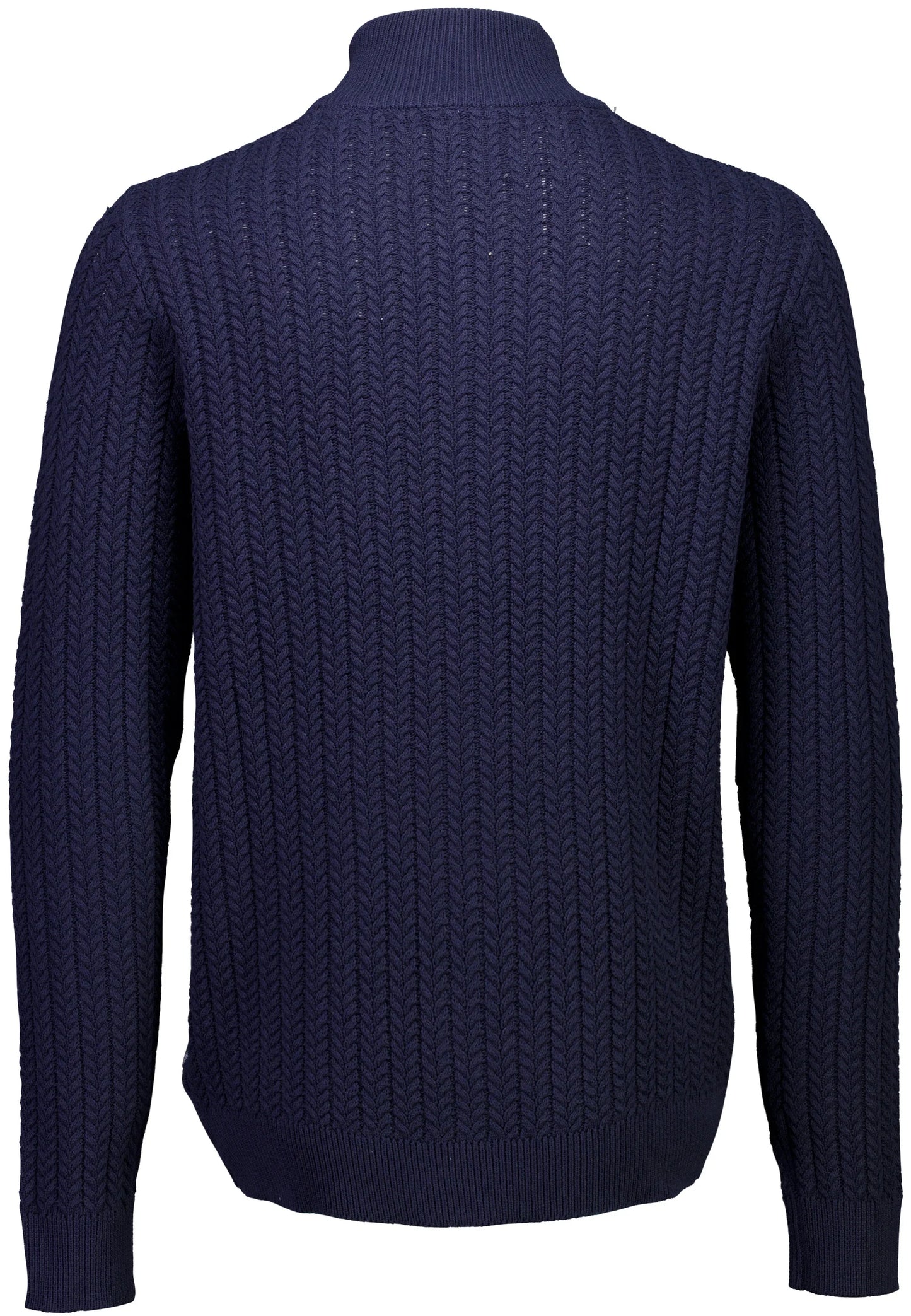 Textured Knit Cardigan with High Neck and Zipper - Navy Blue