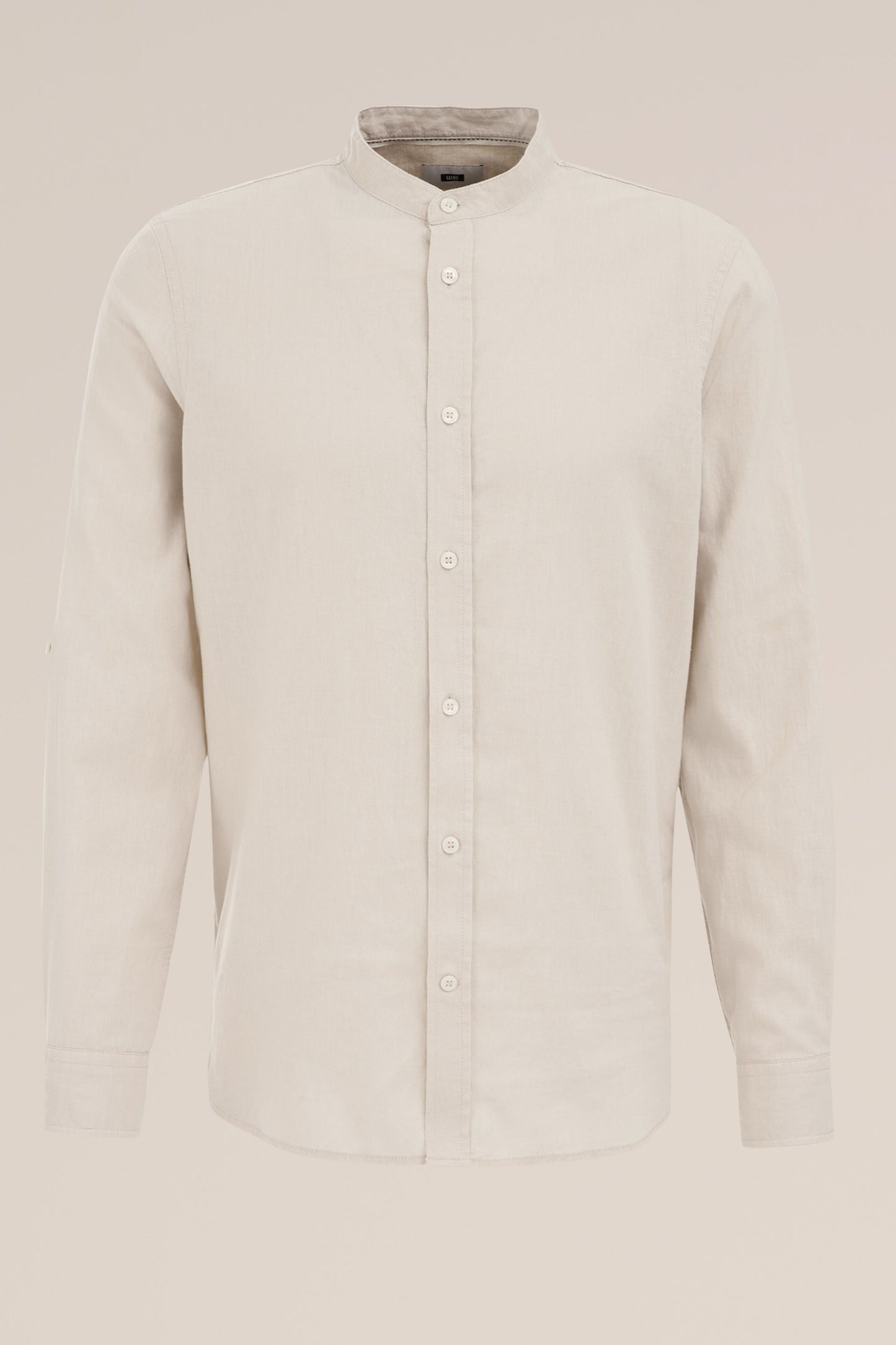 Regular Fit Mixed Linen Shirt with Mandarin Collar - Beige