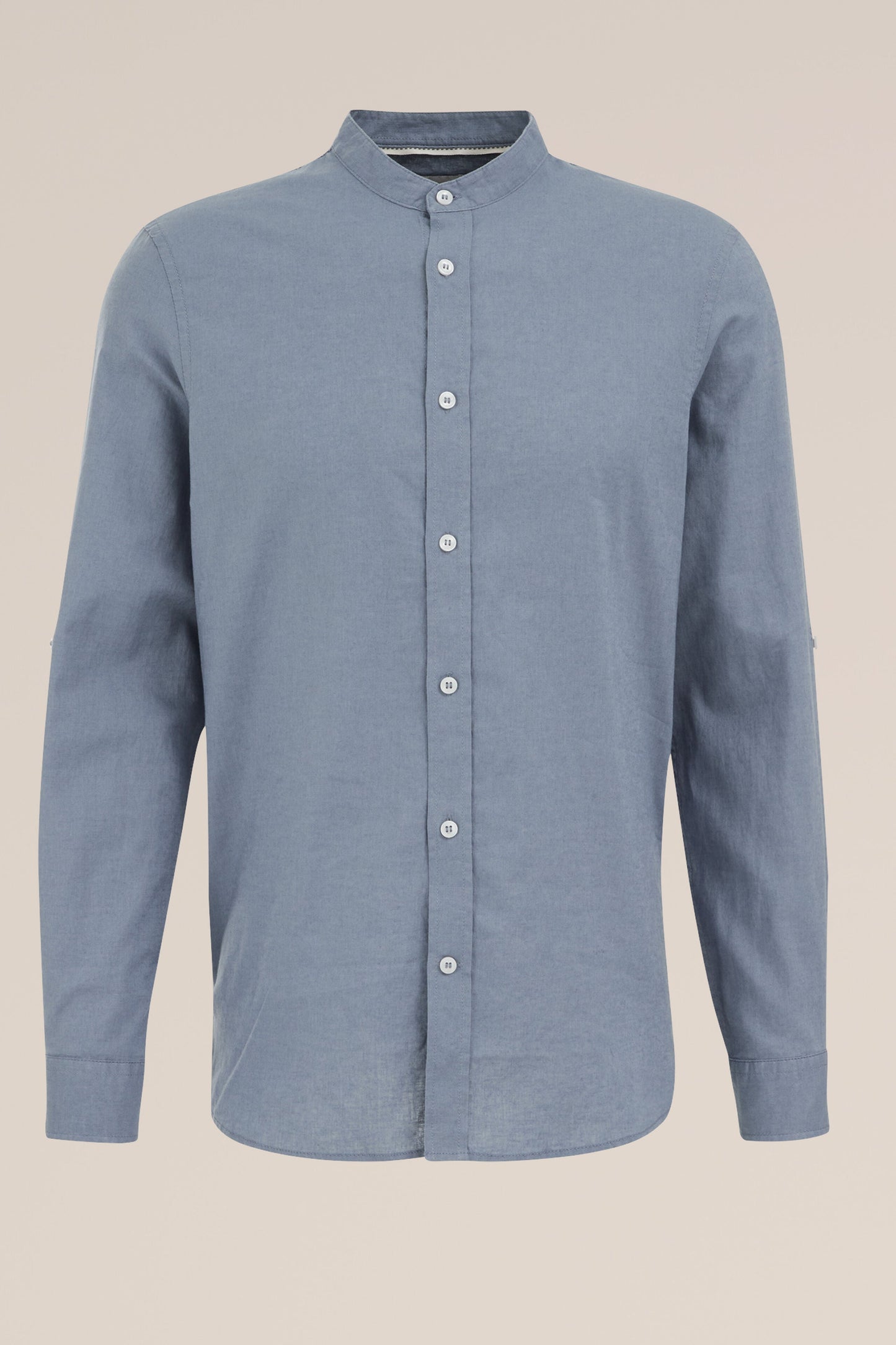 Regular Fit Mixed Linen Shirt with Grandad Collar - Blue