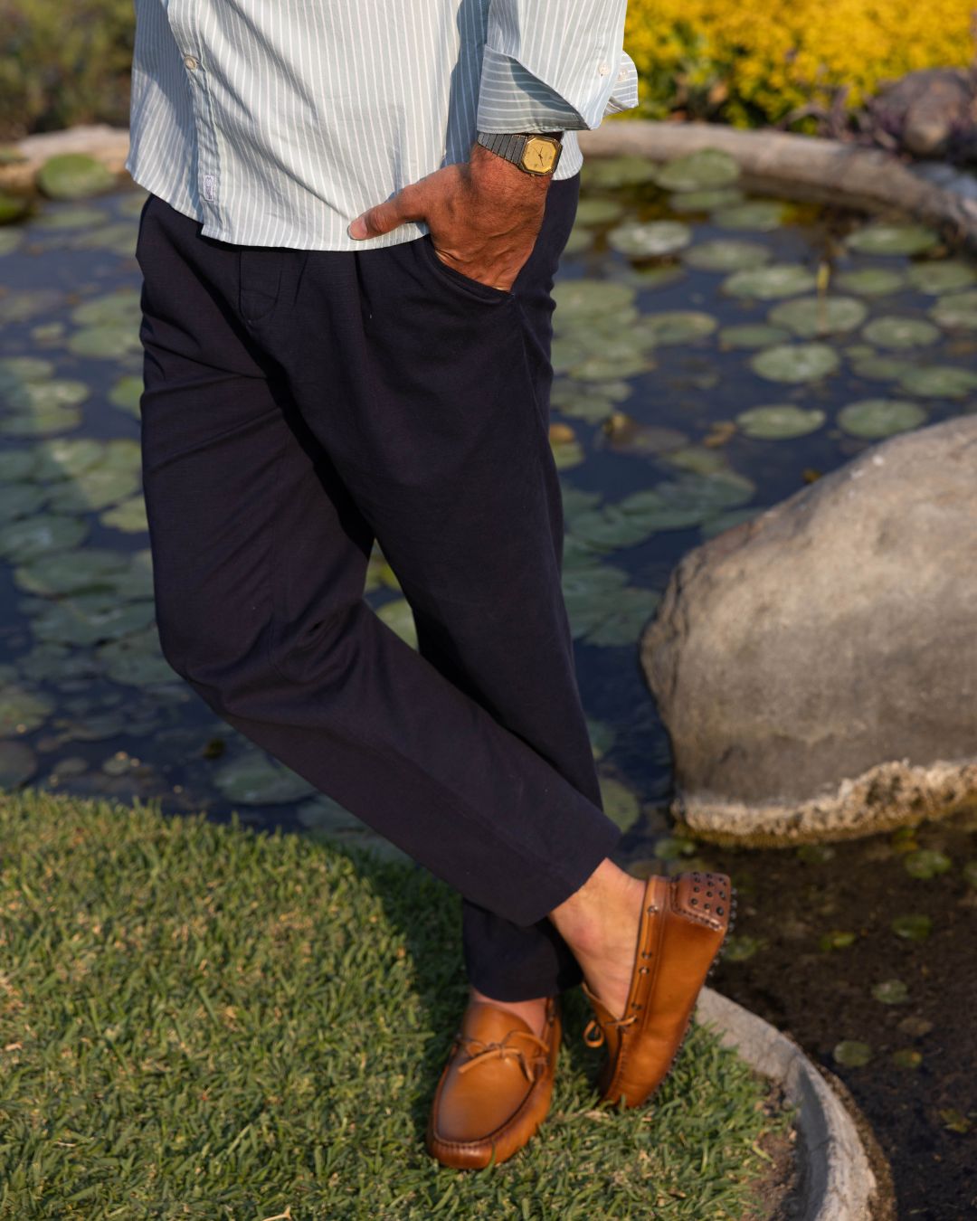 Straight Linen Trousers - Navy Blue