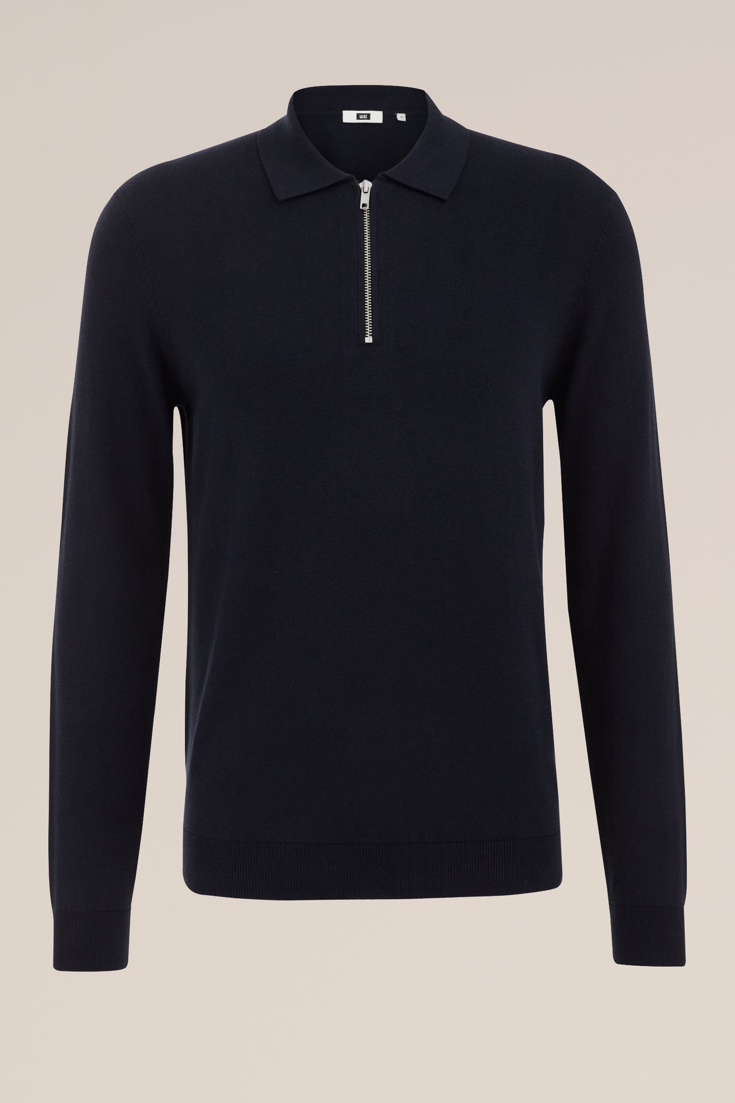 Fine Knit Jumper with Troyer Collar and Zipper - Navy Blue