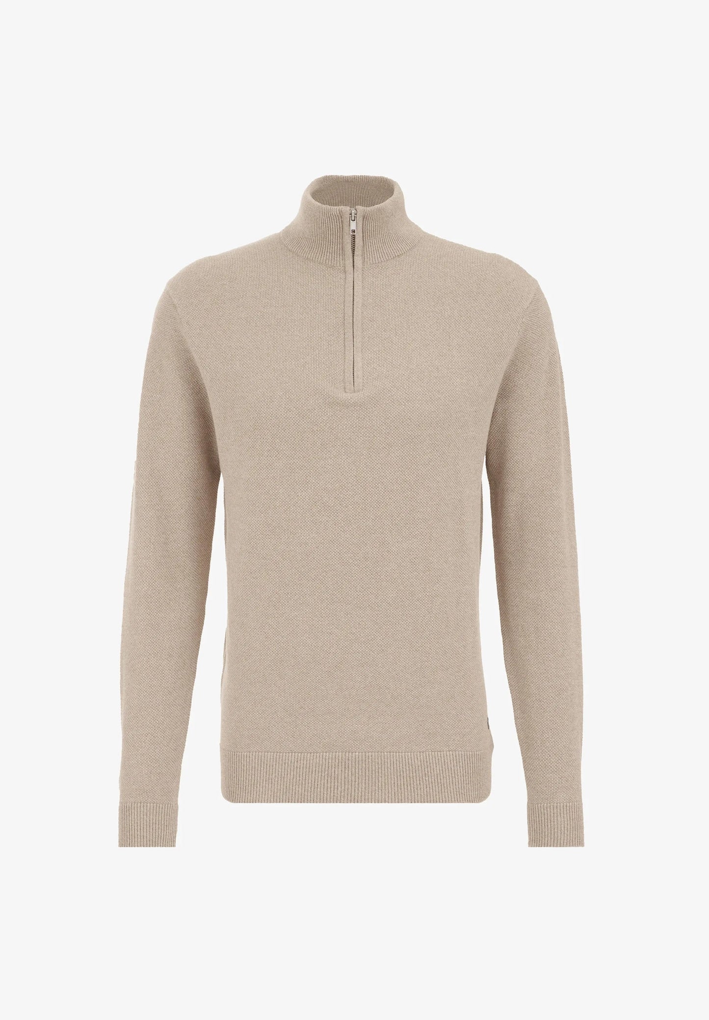 Men's Cotton Sweater with Troyer Collar and Zip - Beige