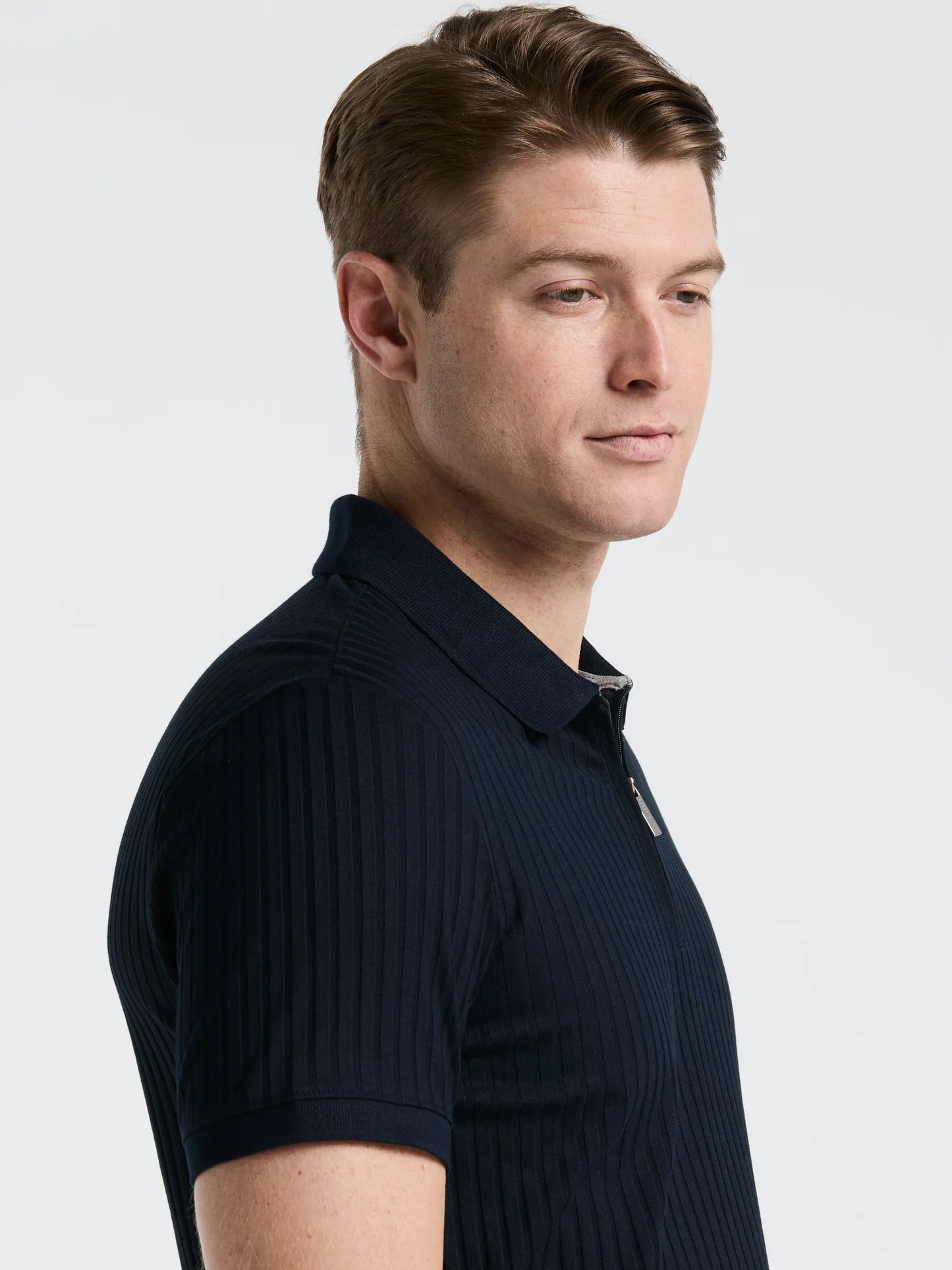 Ribbed Polo Collar Shirt with Zip Blend - Navy Blue