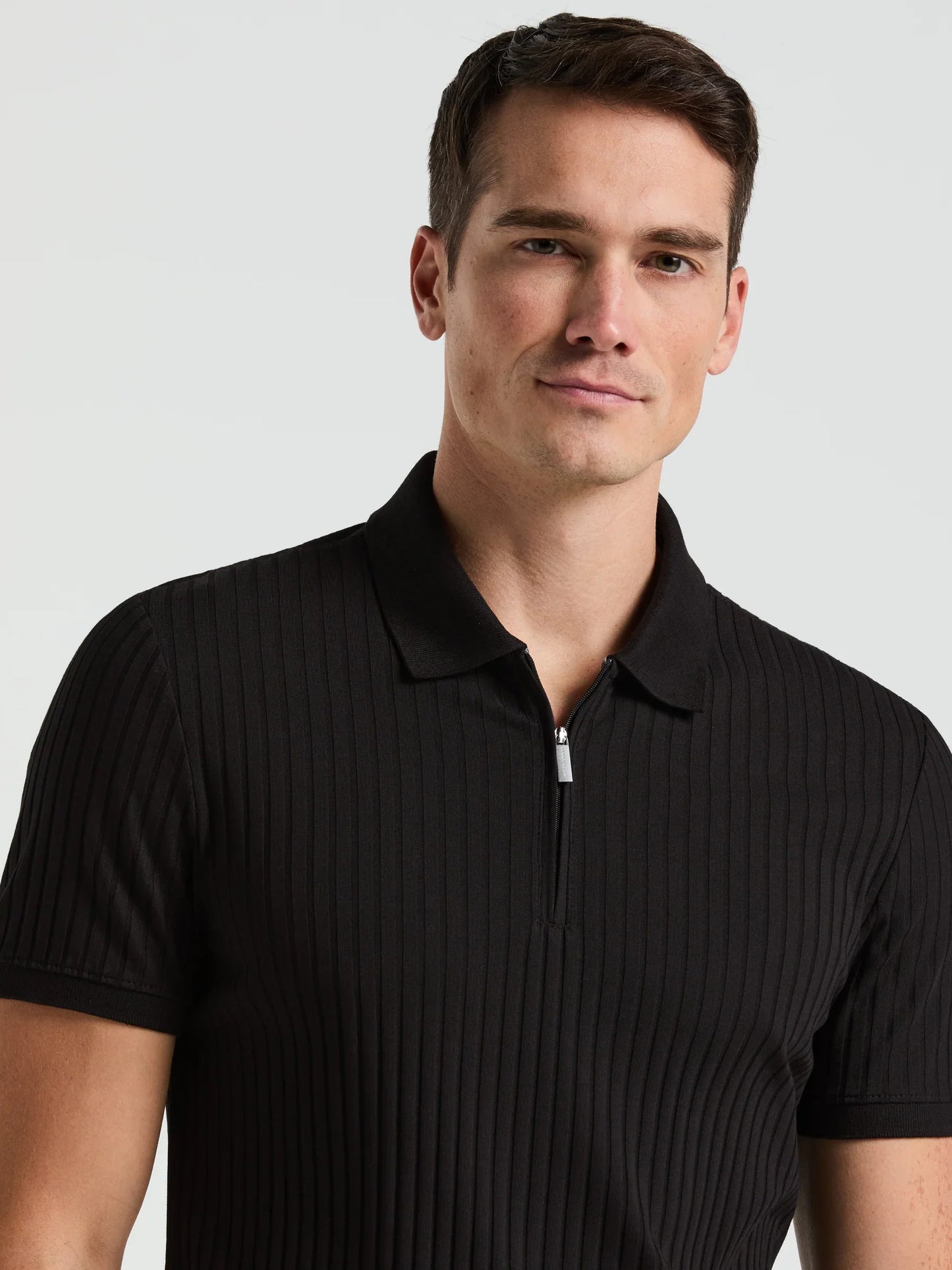 Ribbed Polo Collar Shirt with Zip Blend - Black