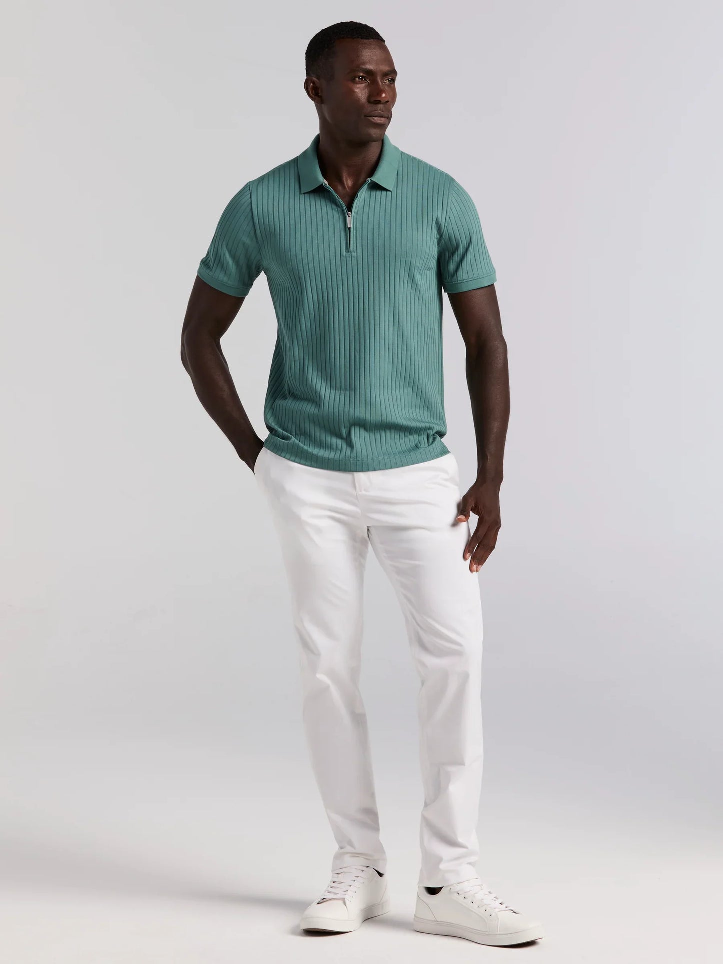 Ribbed Polo Collar Shirt with Zipper Blend - Aqua Green