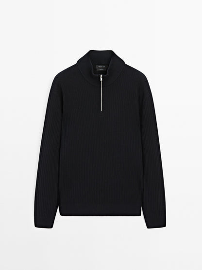 Knitted Jumper with Mock Neck - Black