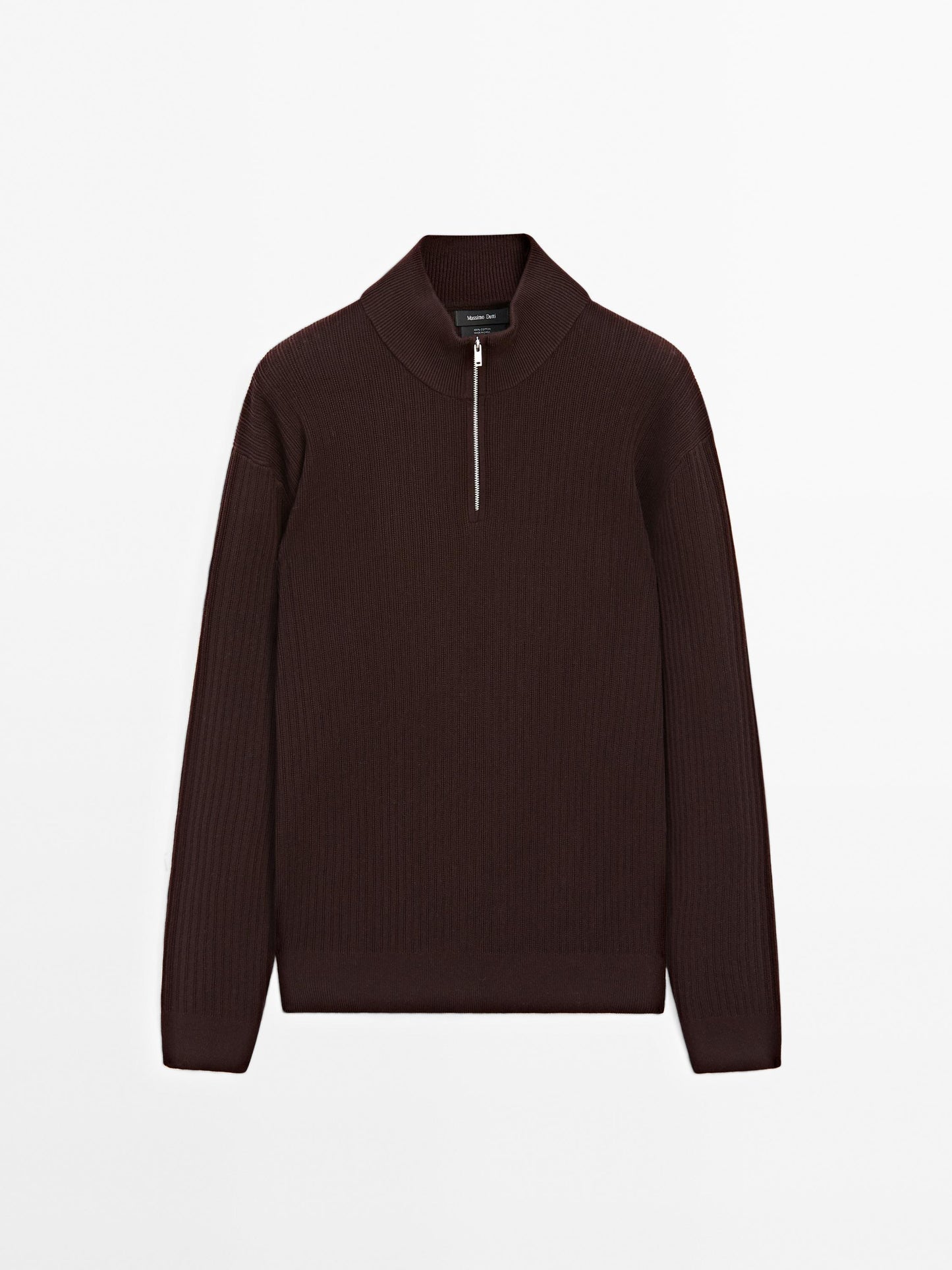 Knitted Sweater with Mock Neck - Brown