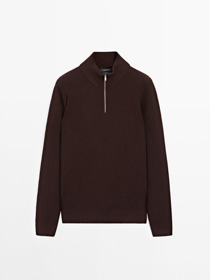 Knitted Sweater with Mock Neck - Brown