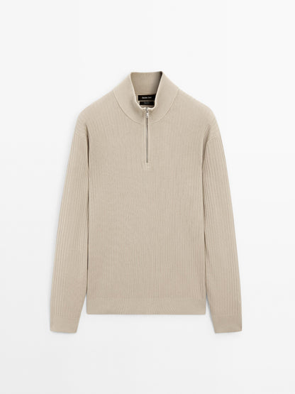 Knitted Jumper with Mock Neck - Beige
