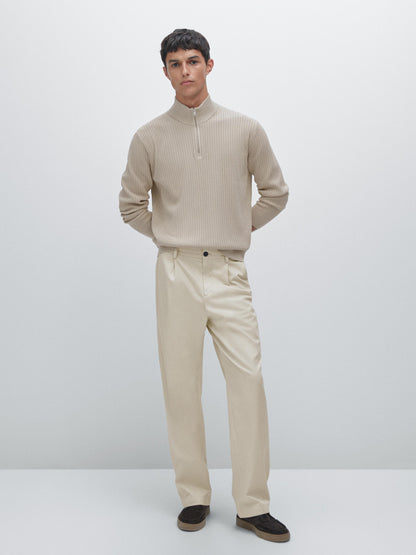 Knitted Jumper with Mock Neck - Beige