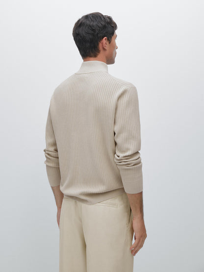 Knitted Jumper with Mock Neck - Beige