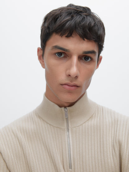 Knitted Jumper with Mock Neck - Beige