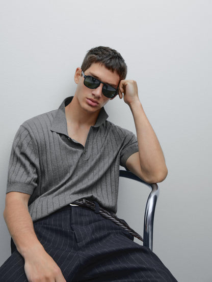 Ribbed Blend Polo Collar Shirt - Grey