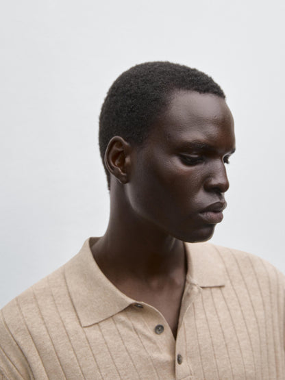 Ribbed Polo Collar Shirt Blend - Beige