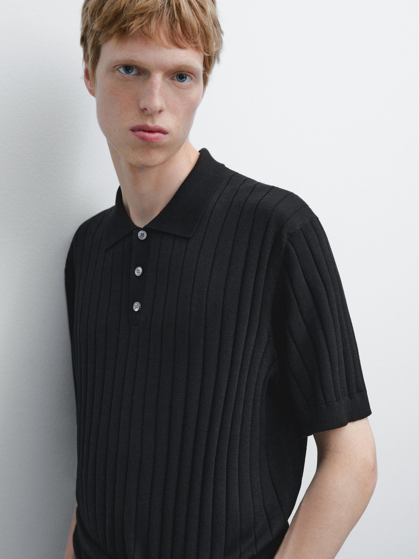 Ribbed Polo Collar Shirt Blend - Black