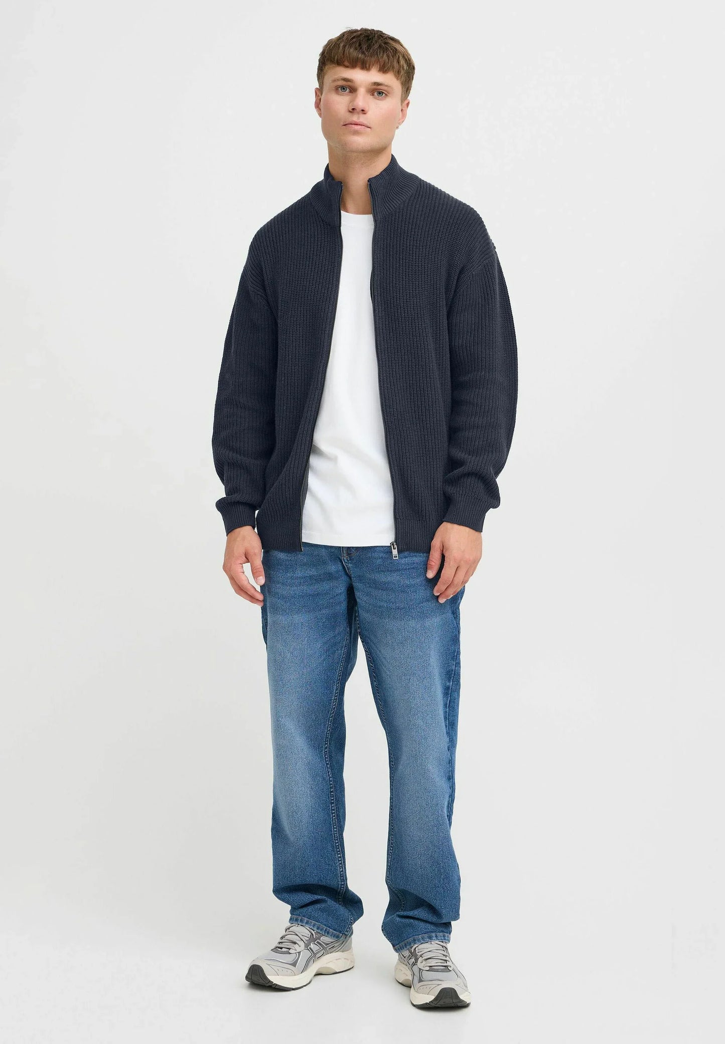 Men's High Neck Zip Front Jumper - Navy Blue