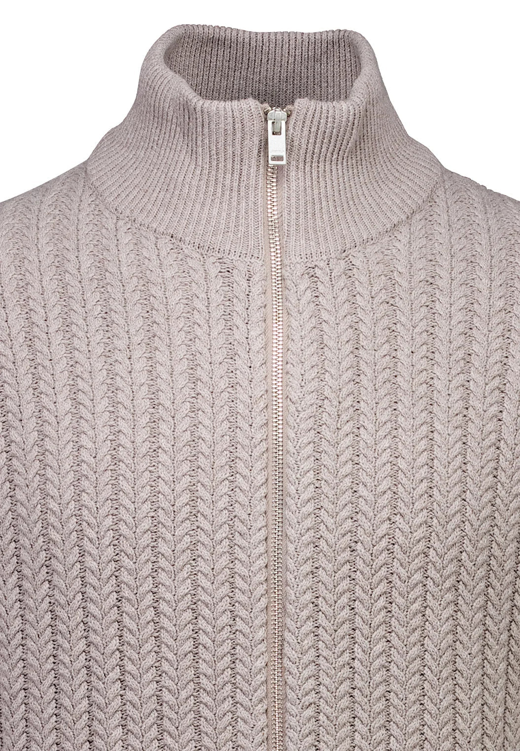 Textured Knit Cardigan with High Neck and Zip - Beige