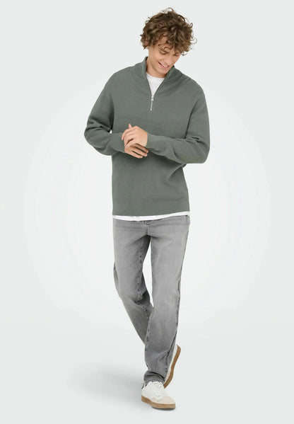 Textured Comfort Jumper with High Neck and Zip - Moss Green
