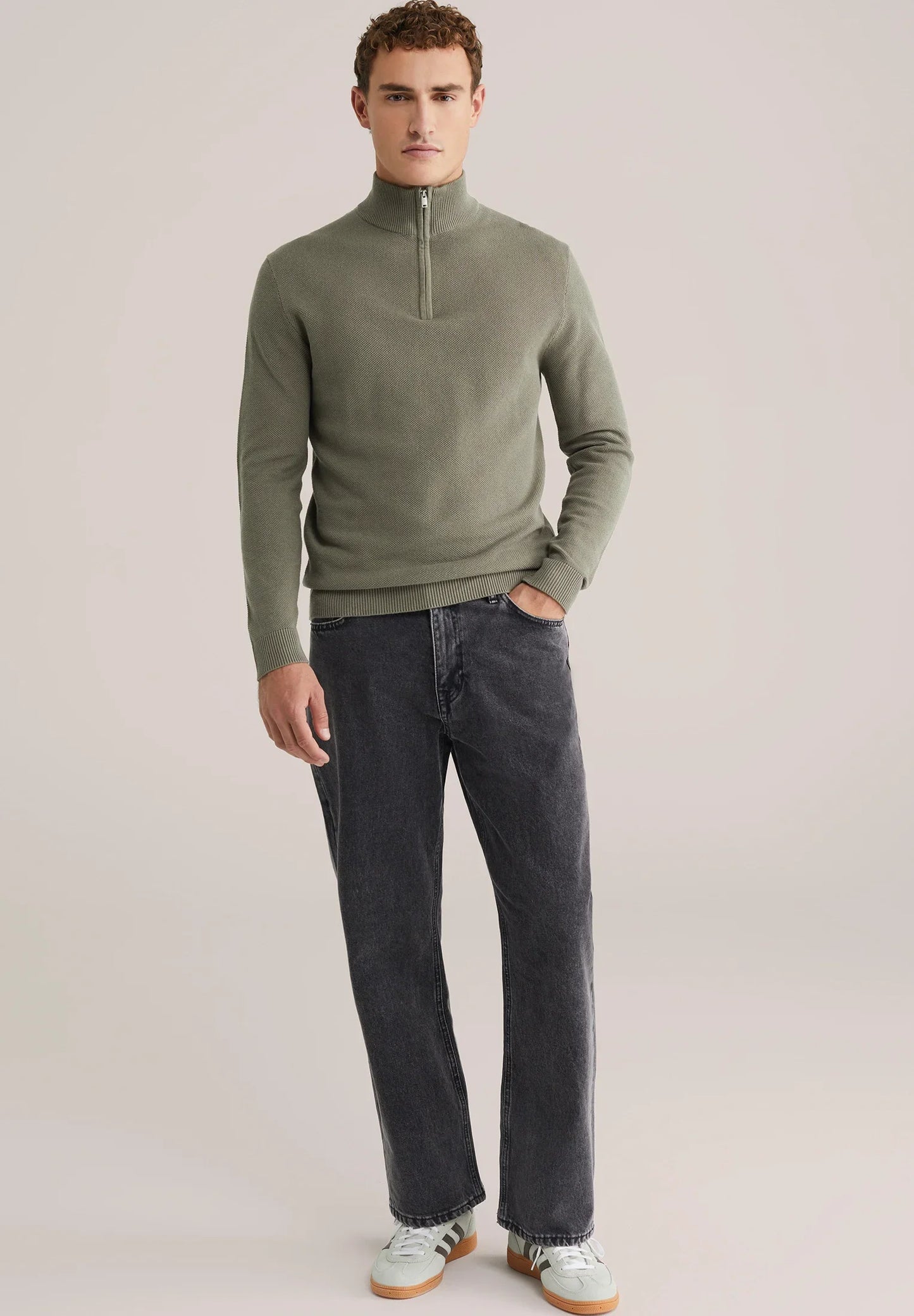 Men's Cotton Sweater with Troyer Collar and Zip - Moss Green
