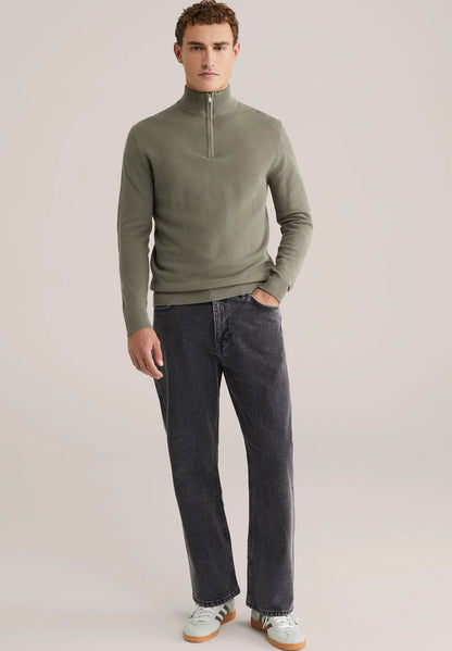 Men's Cotton Sweater with Troyer Collar and Zip - Moss Green