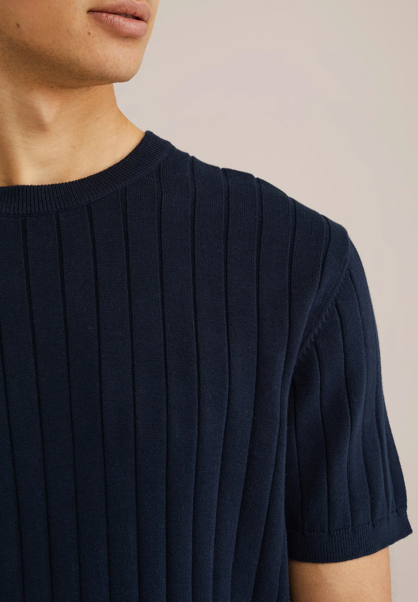 Striped Textured Cotton T-Shirt - Navy Blue