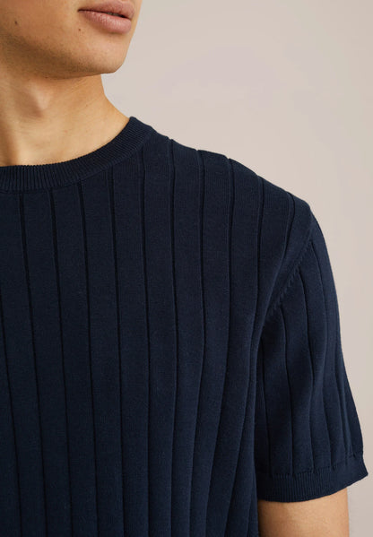 Striped Textured Cotton T-Shirt - Navy Blue