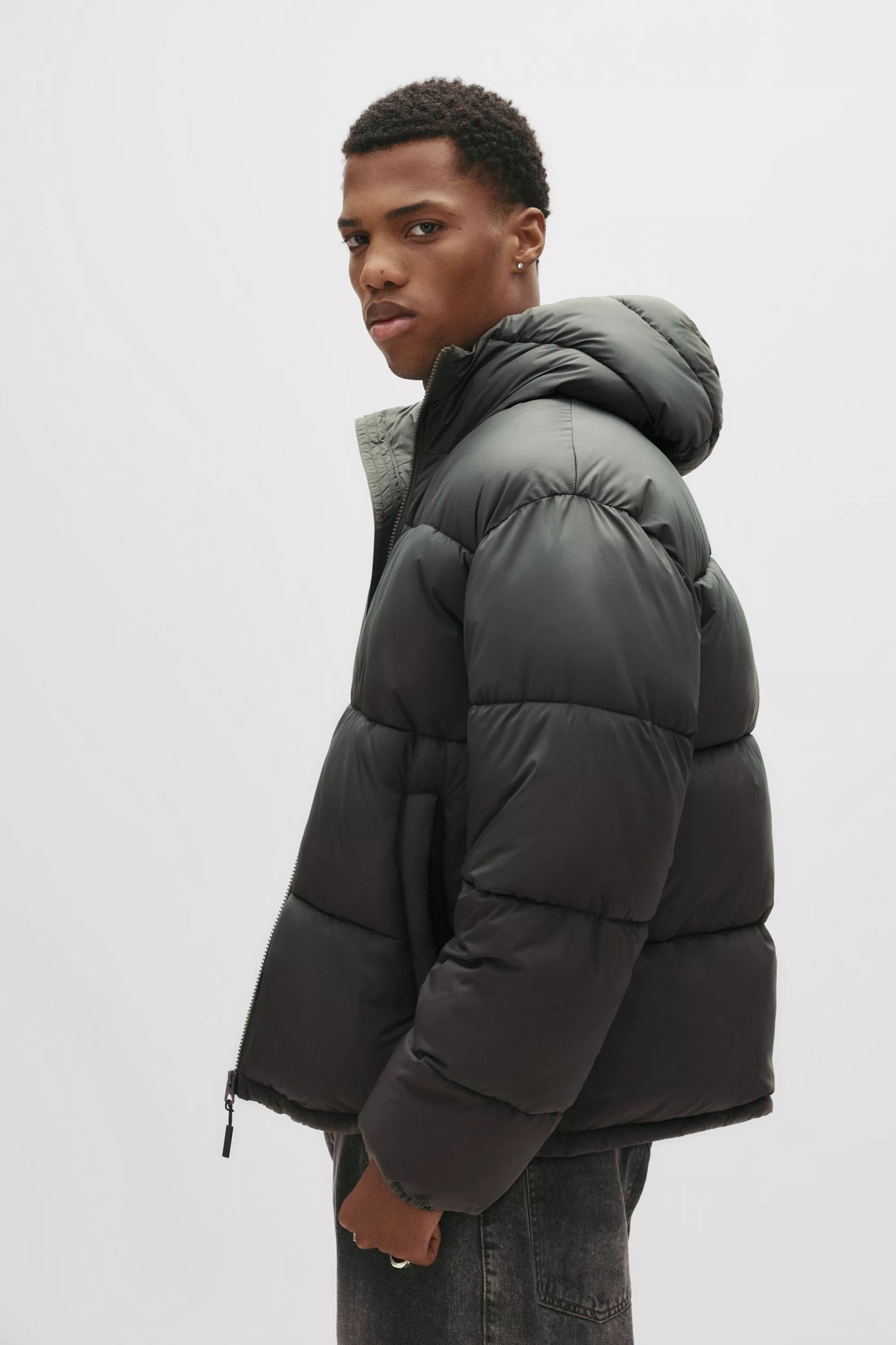 Puffer Blend Jacket with Hood - Dark Grey