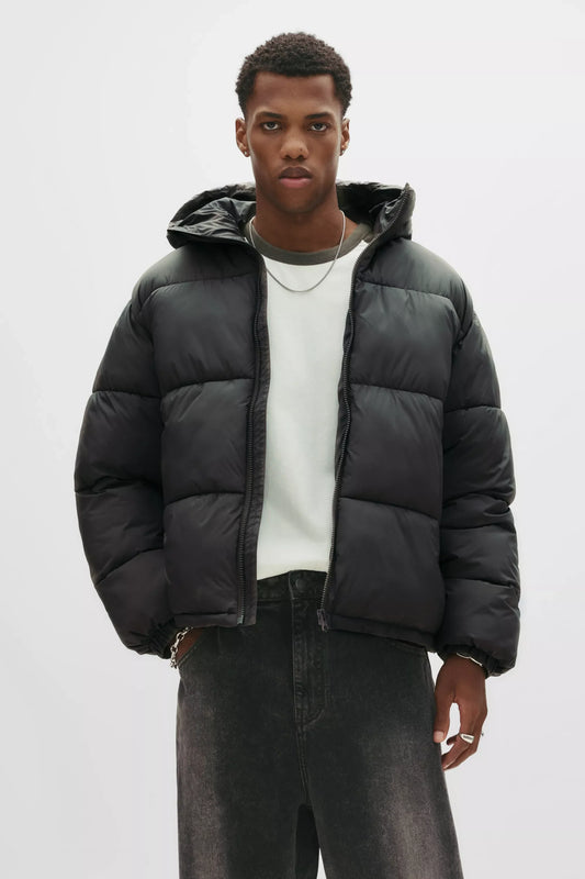 Puffer Blend Jacket with Hood - Dark Grey