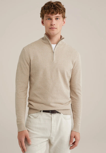 Men's Cotton Sweater with Troyer Collar and Zip - Beige