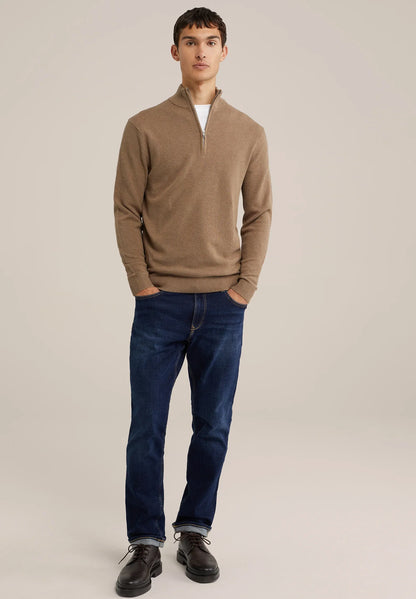 Men's Cotton Sweater with Troyer Collar and Zipper - Caramel
