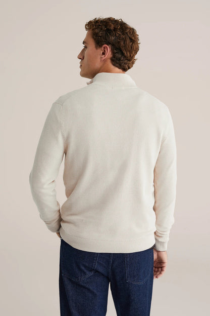 Men's Cotton Jumper with Troyer Collar and Zip - Off White