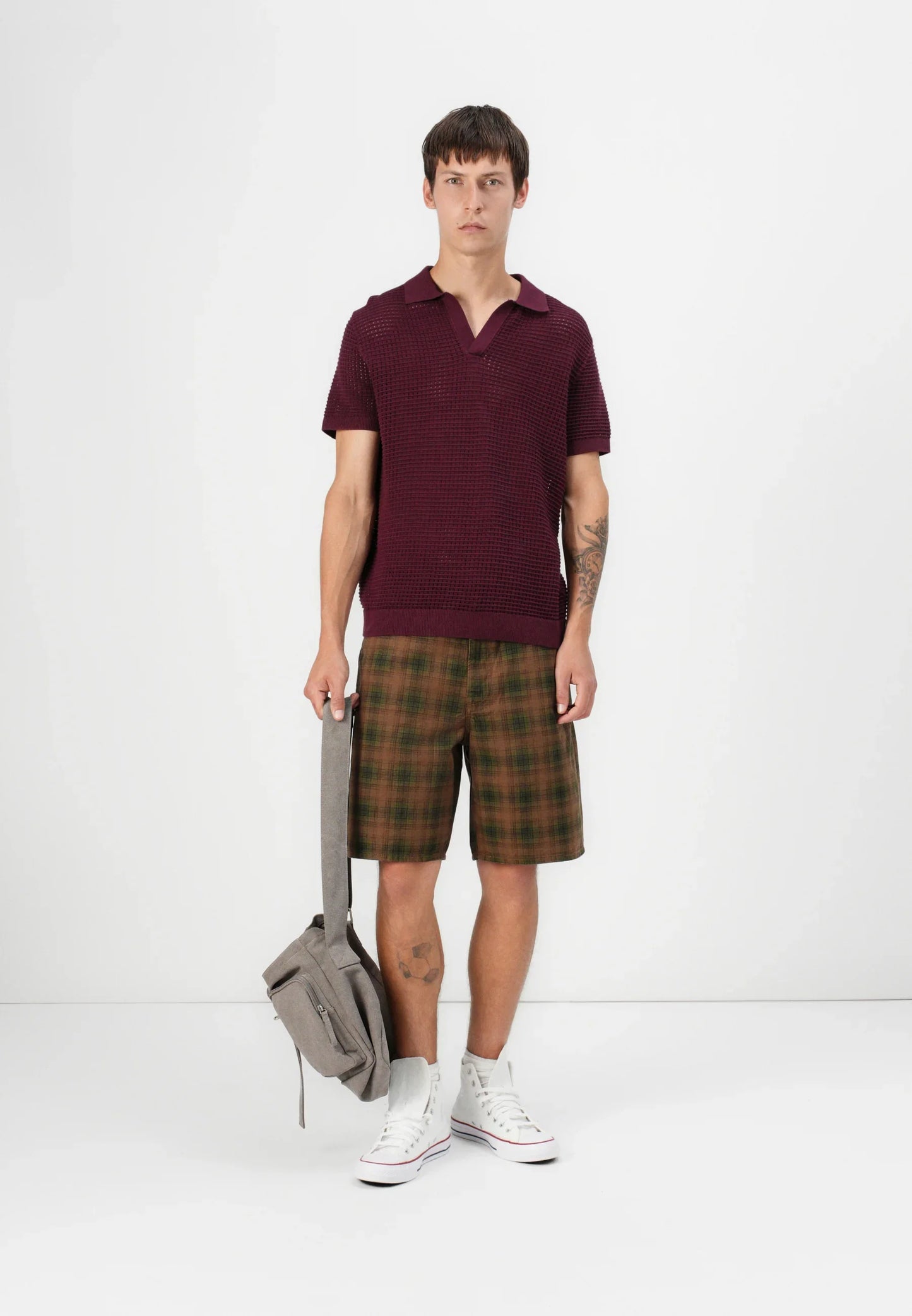 Polo Collar Shirt with Knit Texture - Wine