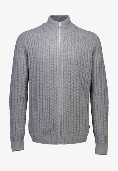 Textured Knit Cardigan with High Neck and Zipper - Grey