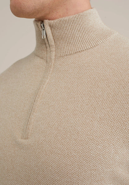 Men's Cotton Sweater with Troyer Collar and Zip - Beige