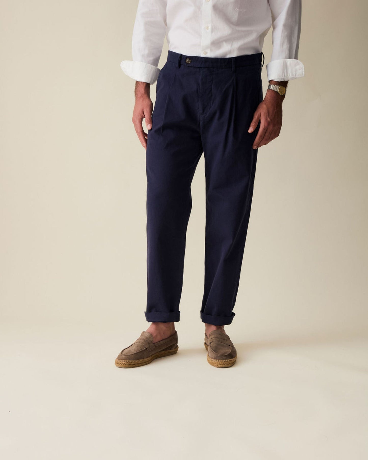 Straight Linen Trousers - Navy Blue