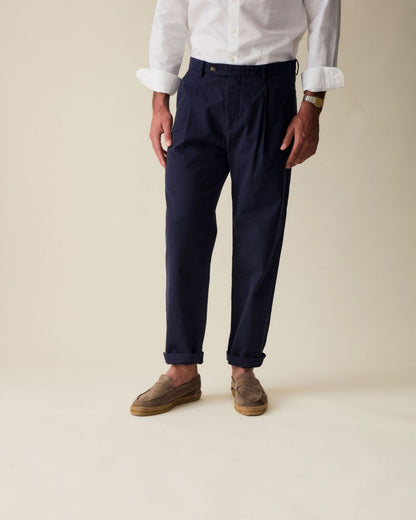 Straight Linen Trousers - Navy Blue
