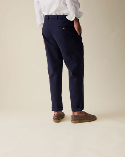 Straight Linen Trousers - Navy Blue