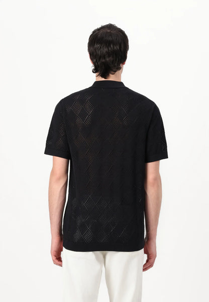 Polo Collar Shirt with Knitted Texture - Black