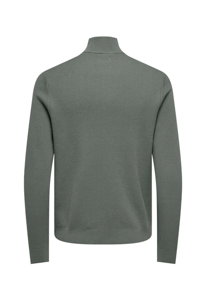 Textured Comfort Jumper with High Neck and Zip - Moss Green