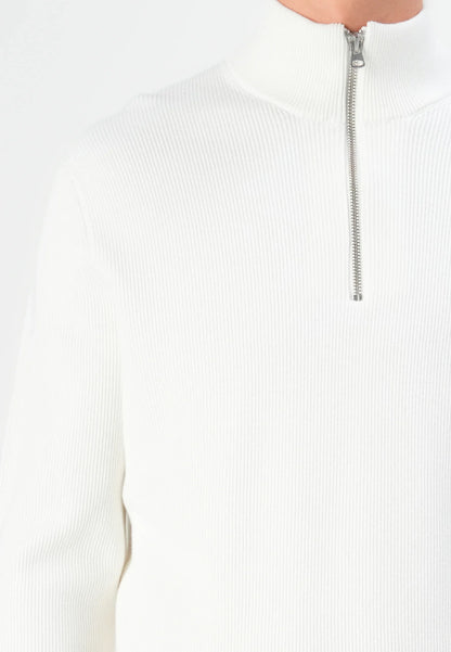 Textured Comfort Jumper with High Neck and Zip - White