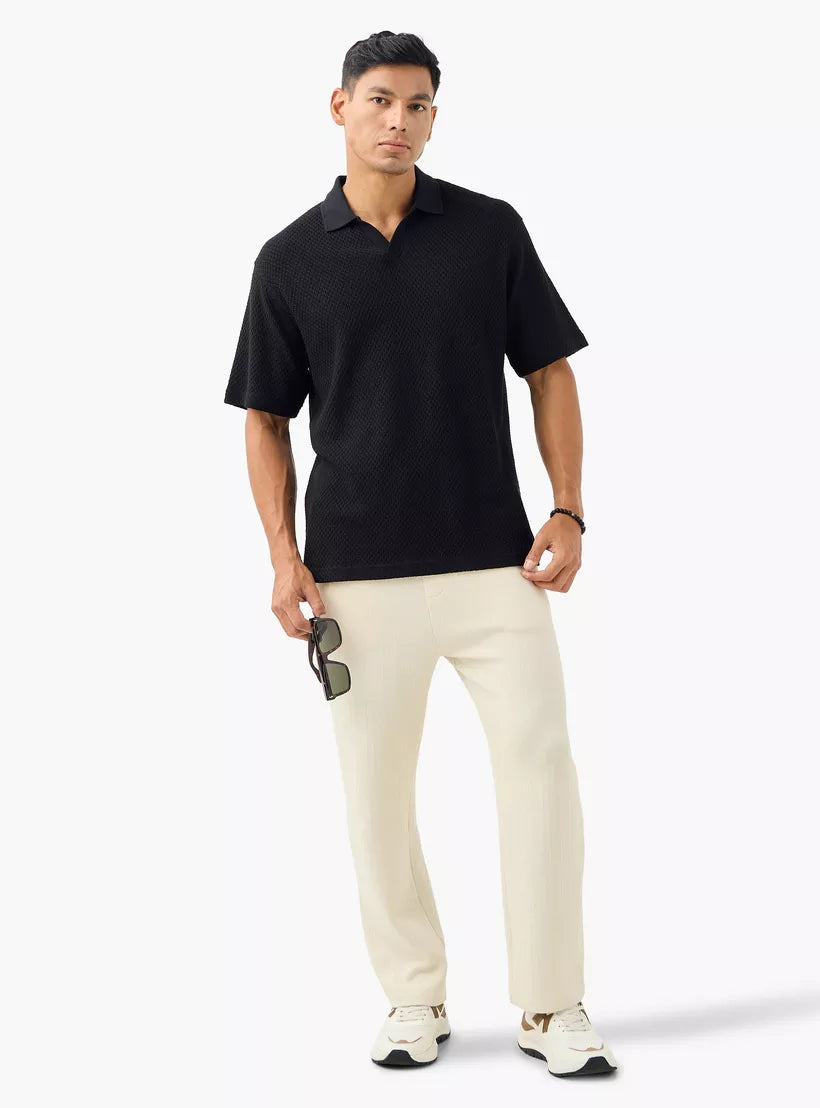Textured Knit Polo T-Shirt - Black