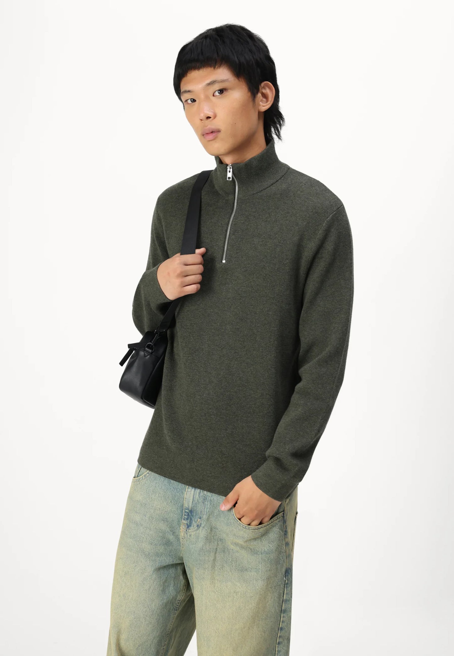Textured Comfort Jumper with High Neck and Zip - Sage