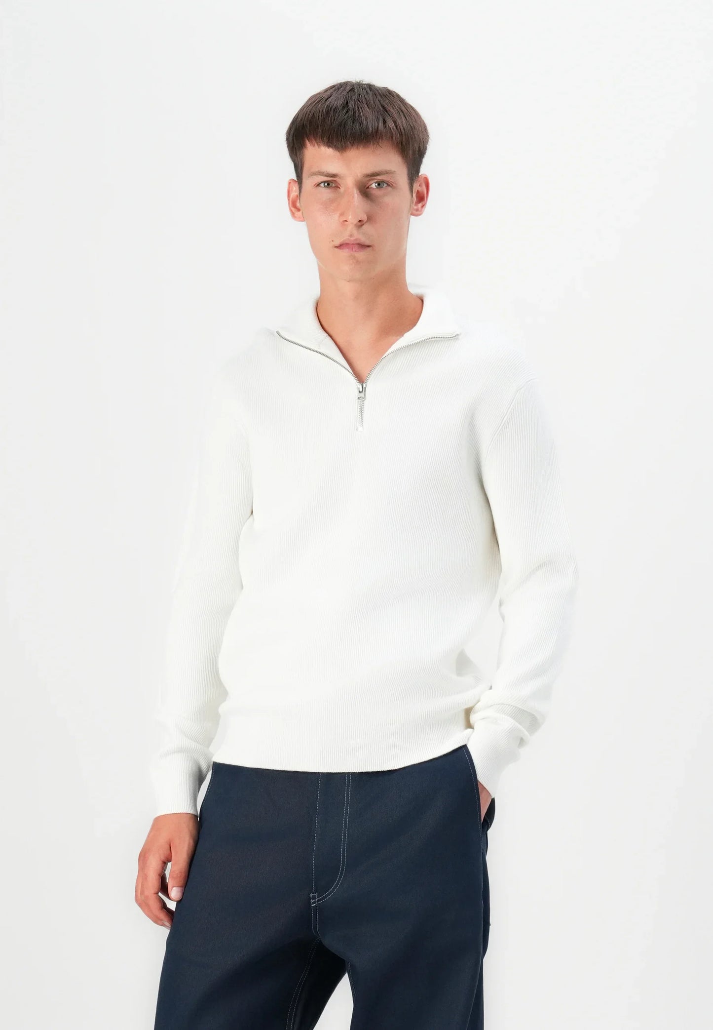 Textured Comfort Jumper with High Neck and Zip - White