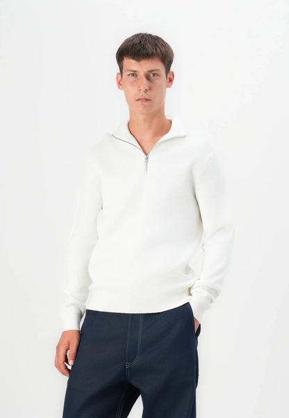 Textured Comfort Jumper with High Neck and Zip - White