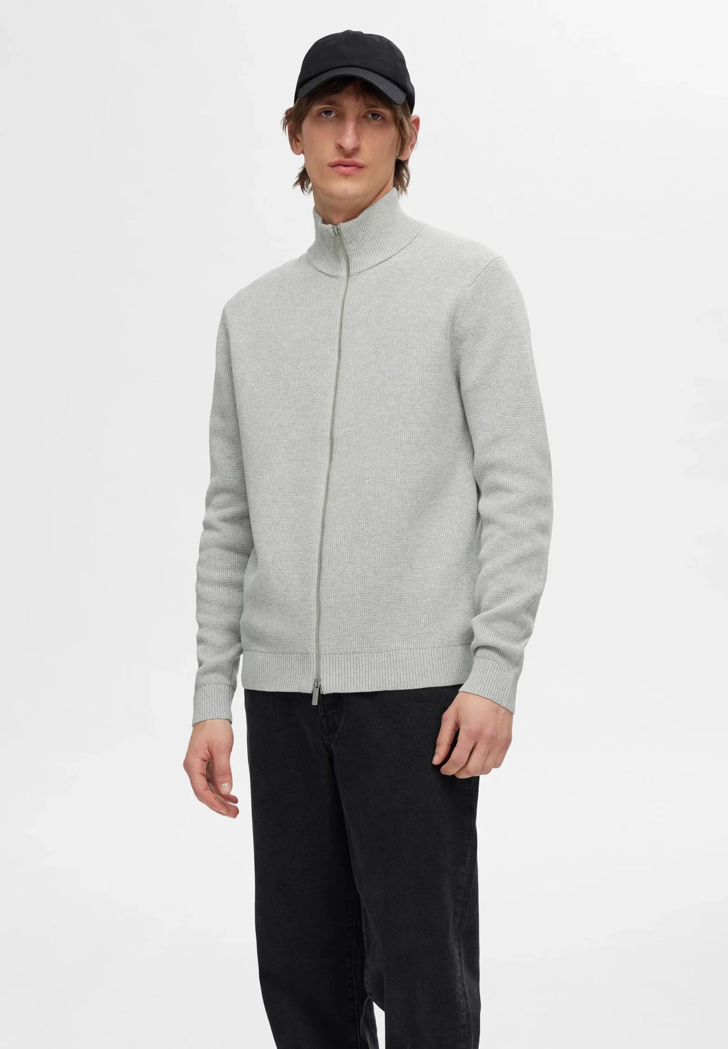 Comfort Cardigan with High Neck and Zip - Grey