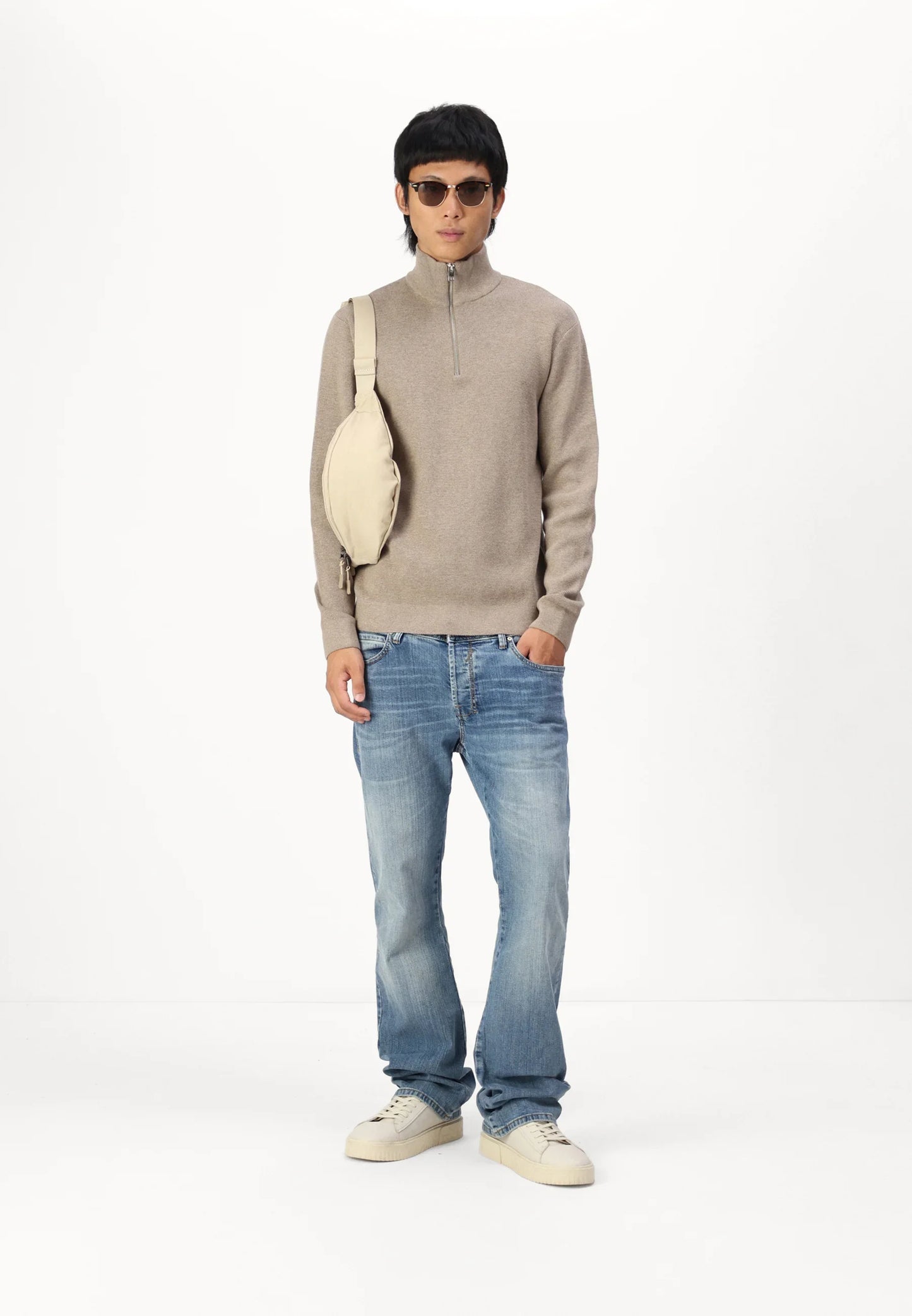 Textured Comfort Jumper with High Neck and Zip - Brown