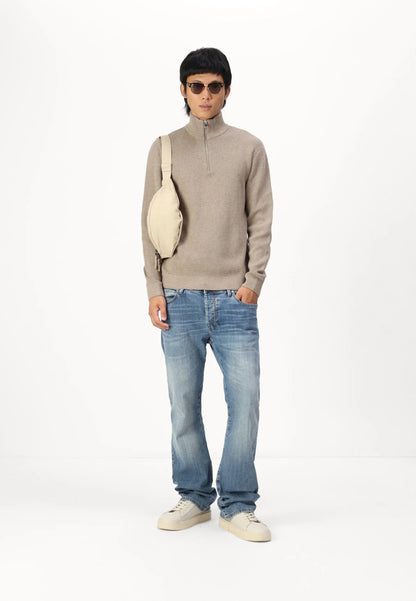 Textured Comfort Jumper with High Neck and Zip - Brown
