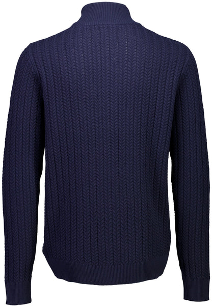 Textured Knit Cardigan with High Neck and Zipper - Navy Blue