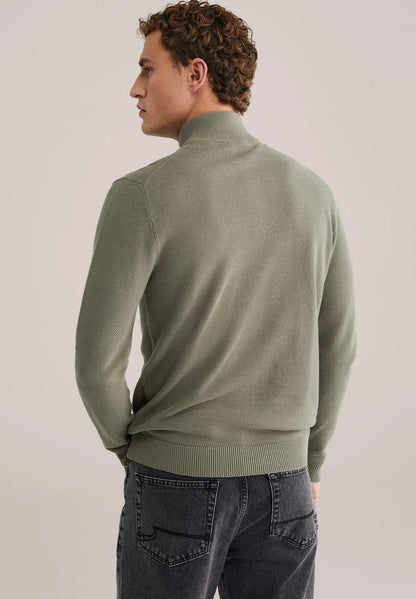 Men's Cotton Sweater with Troyer Collar and Zip - Moss Green