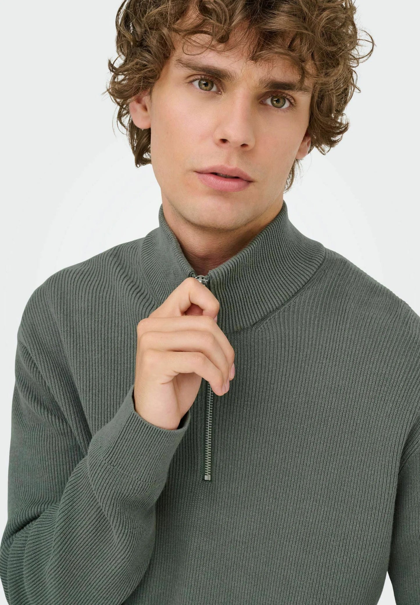 Textured Comfort Jumper with High Neck and Zip - Moss Green
